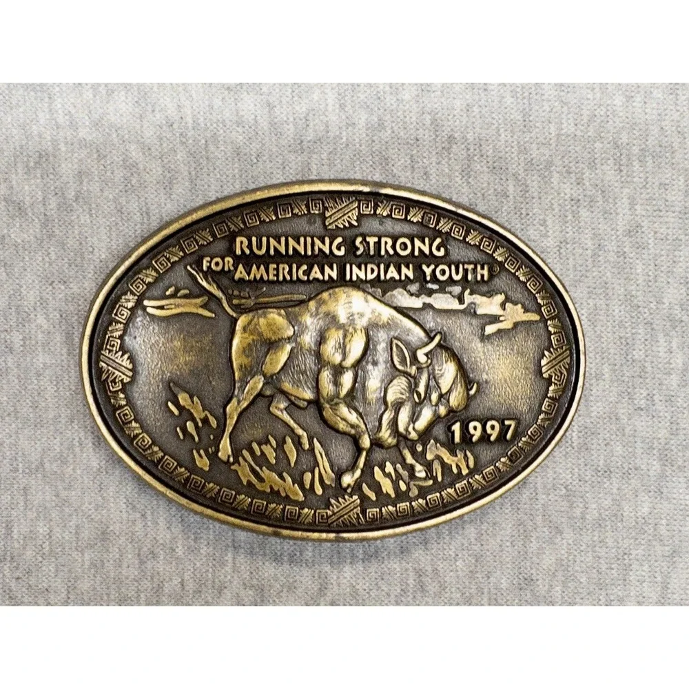 Vtg 1997 Brass Belt Buckle Buffalo Running Strong for American Indian Youth